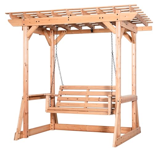 Image of Backyard Discovery Callahan 8' x 5' Cedar Wood Outdoor Patio Pergola Swing Bench with Trellis, Two-Person Seating, Chains, Water Resistance, 600 Lb Weight Capacity for Porch, Patio, Deck, Garden