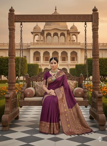 Image of Kanjivaram Silk Saree for Women - Handloom Floral Weaving, Contrast Border, Heavy Gold Zari Rich Pallu, Traditional Designer Wedding & Festive Saree with Blouse Piece
