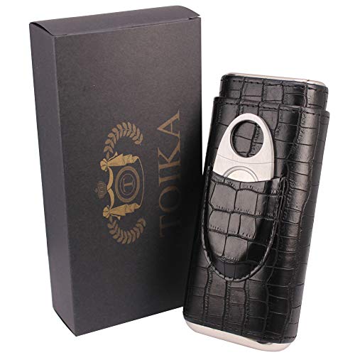 TOIKA 3 Tubes Classic Black Crocodile Pattern Leather Cigar Case Humidor with Cedar Wood Lined in Gift Box, Cigar Cutter Contained - Thumbnail 5