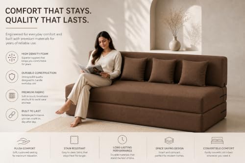 Image of Four Seater Sofa Cum Bed 6x6 Ft with Soft Foam Cushioning, Comfortable Foldable Sofa Bed for Living Room, Bedroom, Guest Room & Office(Brown)