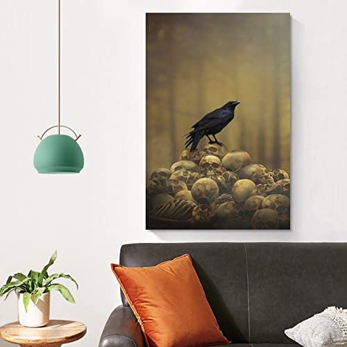 Gothic Horror Crow, Standing On The Skull Of The Crow Wall Art Posters Wall Art Paintings Canvas Wall Decor Home Decor Living Room Decor Aesthetic 24X36Inch(60X90Cm) Unframe-Style #TOP3
