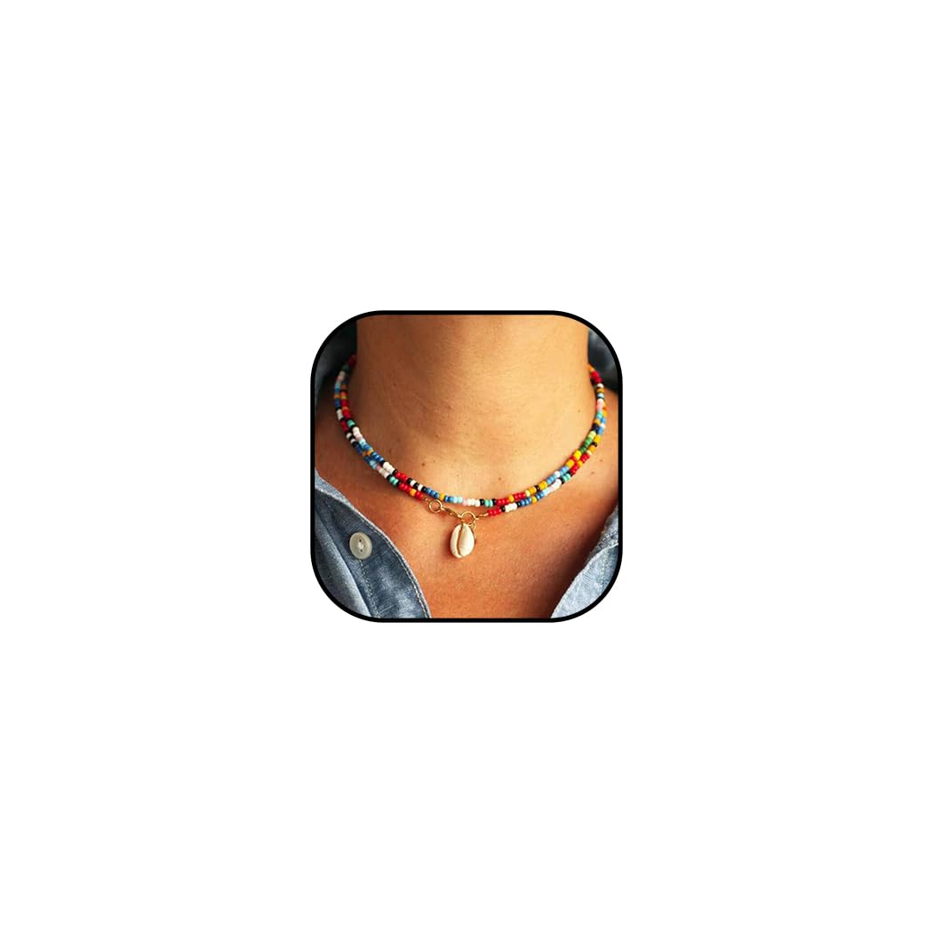JovonoCollar con cuentas de concha estilo bohemio, cuentas de colores, con colgante adecuado para verano, para mujeres y niñas