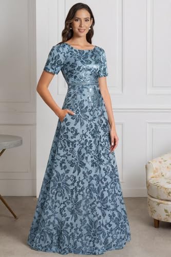Quoriae Sequin Formal Evening Gown for Women Maxi Dress Short Sleeve A Line Mother of The Bride Dress3