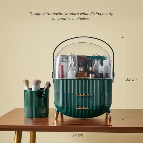 Image of Amazon Basics Large Capacity Makeup Organizer Box - Green, Portable Cosmetic Holder with Brush Storage Section