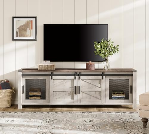 Image of WAMPAT Farmhouse TV Stand for 75 inch TV, Rustic Oak and White