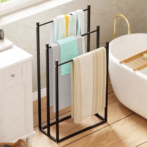 Image of Lukzer Premium Metal Towel Rack | 3-Bar Sturdy Free-Standing Garment Organizer Stand | Multi-Functional & Versatile for Towels, Clothes, and Accessories (MGS-007 /Black /45x22x85 cm)