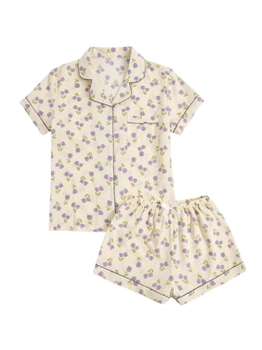 Verdusa Women's 2 Piece Pajama Set Lightweight Fall Pajamas Cute Pjs Sets Sleepwear Button Up Lounge Sets Purple Beige Large