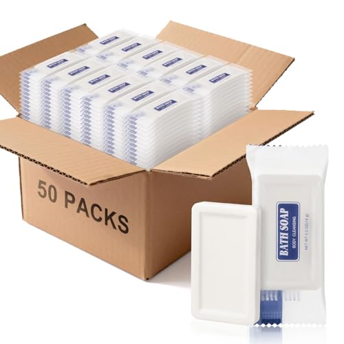 HQSLsund Travel Size Bars Soap in Bulk Individually Wrapped 0.5 oz Mini Small Body Hand and Face Soaps Toiletries Amenities for Hotel Shelter/Homeless/Nursing Home/Charity/Motel/Guest Bathroom (50)