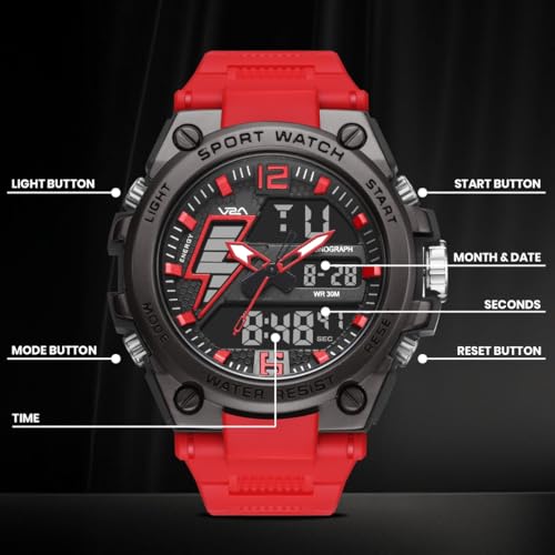 Image of V2A Stryke 45mm Analog Digital Sports Watch for Men | Hybrid Layered Dial | Alarm Stopwatch Backlight Day Date | TPU Strap | 30M Water Resistant | Gift for Mens
