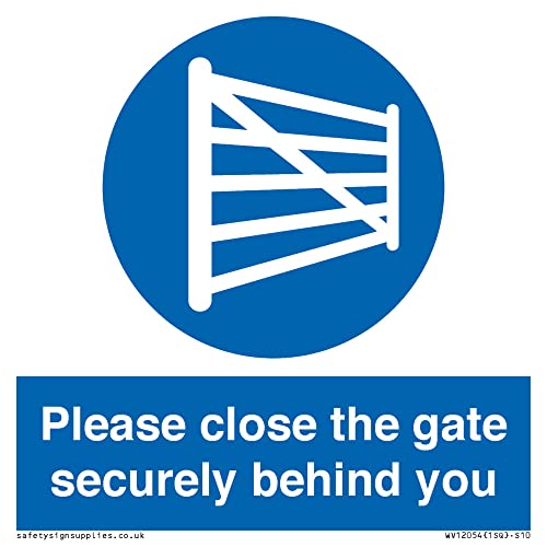 Please close the gate securely behind you Sign - 100x100mm - S10, Blue/White, 100 x 100 mm