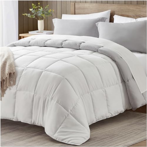 satisomnia Queen Comforter Set, White Grey Bedding Comforters Queen Size, 3 Pieces Down Alternative Bed Comforter Lightweight, Soft Quilted Bed Set Breathable, Reversible All Season Bedding Sets