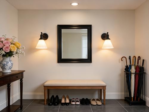 Image of PERMO Industrial Vintage Slope Pole Wall Mount Single Sconce with Funnel Flared Milk White Glass Shade Matte Black Wall Sconce Light Lamp Fixture