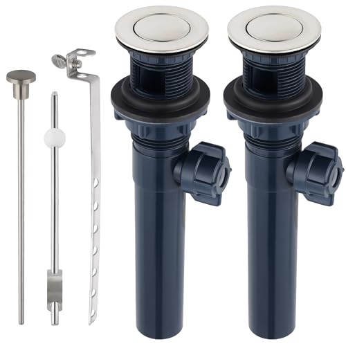 2PCS Bathroom Sink Drain with Lift Rod, Pop Up Sink Drain with Overflow, Universal Fit, Brushed Nickel Drain Stopper for Vessel Sink, Assembly for Bathroom Faucet Sink
