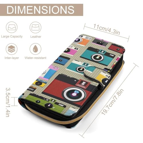 Women Soft PU Leather Wallet, Zipper Card Case Clutch Credit Bills Money Crash Coin 7.8x4.3x1.4 in Holder Purse Print Various Cameras in Retro Vintage Style2