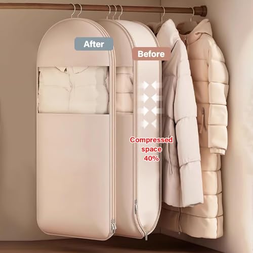Space Saving Hanging Garment Bag with Self Compression Zipper, Dust Cover Clothes Bags for Down Coat, Winter Coat Storage(Beige,3*XL)3