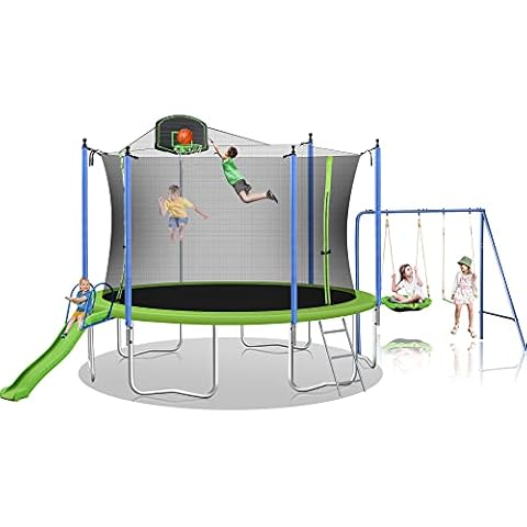 Steelway 12ft Trampoline Combination with Swing and Slide, Trampoline with Safety net and Basketball Hoop, Outdoor Trampoline for Kids and Adults Green Cover