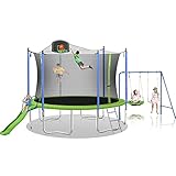 Steelway 12ft Trampoline Combination with Swing and Slide, Safety Net and Basketball Hoop, Outdoor for Kids and Adults Green
