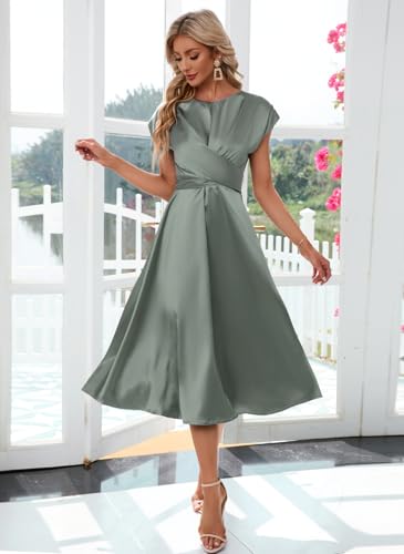 Image of Women's Summer Satin Dress Elegant A-Line Cap Sleeves Tie Waist Flowy Midi Dress Cocktail Wedding Guest Dress