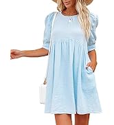 R.Vivimos Summer Dress for Women Cotton Puff Sleeves Boho Casual Loose Babydoll Mini Dress with P...
