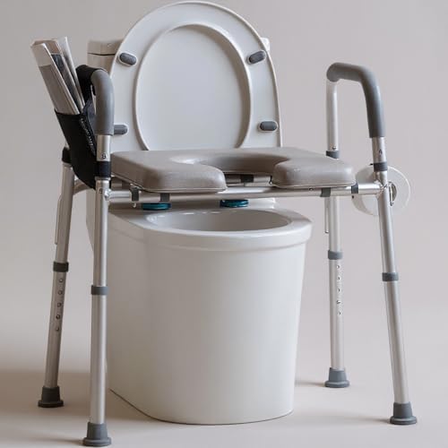 Sedia per WC per anziani con seduta imbottita e braccioli, sedile WC rialzato, regolabile in altezza a 5 livelli, sedile WC portatile, portatile, capace di trasportare, 136 kg, facile da spostare