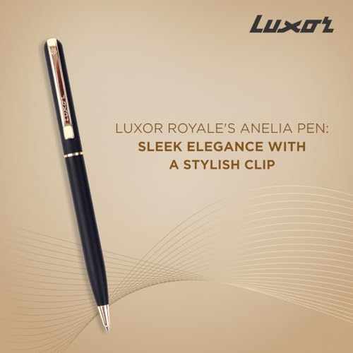 Image of Luxor Royale, Anelia, Ball Pen, Pack of 1, Matte Black Body, Ink Colour- Blue, Gold Trim, Stylish Clip, Regal & Elegant, Durable and Stylish Writing Instrument, Ideal Pen For Gifting