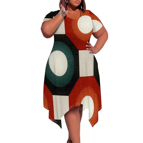 Image of Womens Summer Plus Size Crewneck Midi Dress Short Sleeve High Waist Dresses A Line Smocked Sundress with Pockets
