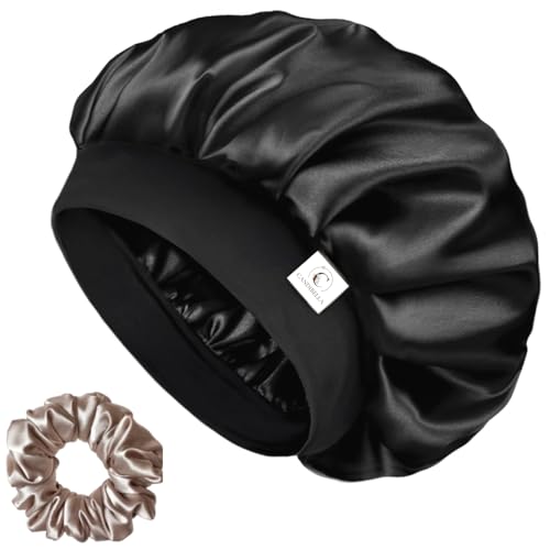 Image of Satin Bonnet for Hair, Adjustable Silky Hair Cap for Sleeping, Bonnet for Curly Hair with Soft Jersey Fabric Band, Stylish and Comfy Satin Hair Bonnet For Men and Women (Black)