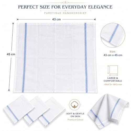 Image of Handkerchief for Men Cotton | Soft Pure Cotton Hanky Set for Men & Boys | White Rumal for Kids | Large Size 43 x 43 cm | Reusable Daily Use