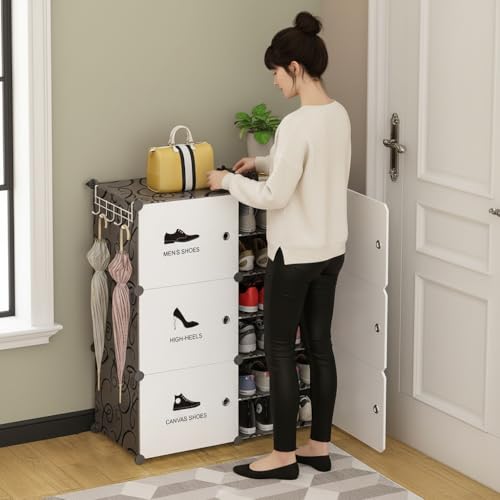 Image of Sunderlook Shoe Rack Plastic for Home- Slipper Stand, Professional Shoe Stand, Chappal Stand, Multipurpose Foldable Standing Comfort Runner Shoe Rack with Door (Black & White, 12 Shelf 6 Door)