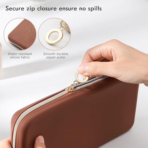 Image of INOVERA (LABEL) Makeup Brush Holder Pouch Case for Travel - Silicone Cosmetic Brushes Kit - Travelling Make up Organizer Bag (Dark Brown)
