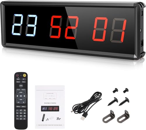 PELLOR Temporizador de Gimnasio Sports Timeter, 1.8' Temporizador Intervalos Fitness LED Programable con Cronómetro,Brillo Ajustable, Reloj de Entrenamiento con Control Remoto para Casa Garaje Externo