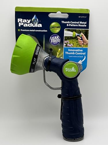 Ray Padula Premium Metal Garden Hose Nozzle, 8-Pattern Thumb Control Sprayer, Navy Blue with Green Grip