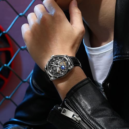 OUPINKE Skeleton Mens Automatic Watches Mechanical Luxury Dress Leather Self Winding Waterproof 50M/5ATM Luminous Watches for Men