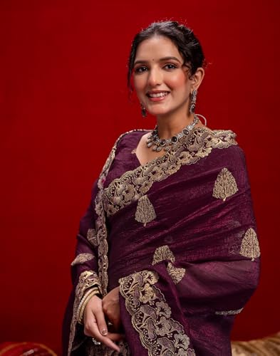 Image of SIRIL Women's Shimmer Chiffon Sequence Embroidery Saree With Unstitched Blouse Piece for Wedding and Parties