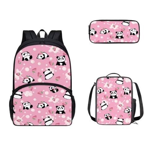 Zaino scolastico da con portapranzo e custodia per matite set per bambini e scuole medie molte tasche Starwberry Panda 17 pollici