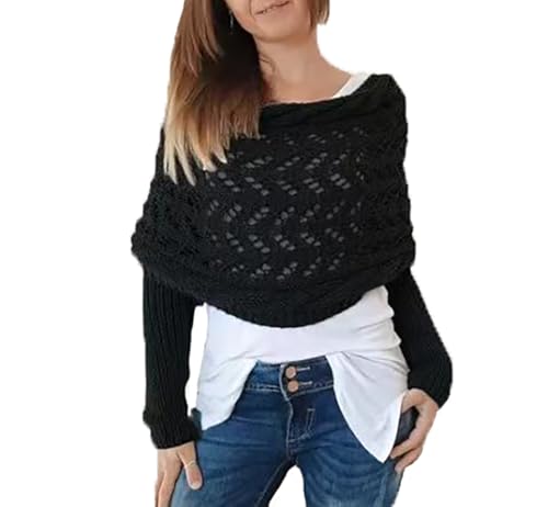 KASENFASHION Bufanda multiusos con mangas para mujer, bufanda de punto, bufanda de jersey con mangas, bufanda bohemia, bufanda de cable, bufanda de suéter para mujer con mangas, Negro , 260 cm