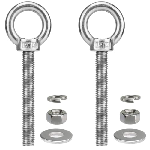 Image of M14 x 100mm Stainless Steel Eye Bolt with Nuts 2 Pack, 9 /16 inch x 4 inch Long Shoulder Lifting Ring Eye Bolt for Boat & Hanging, Heavy Duty Marine Grade Threaded Eyebolts for Tie Down Outdoor
