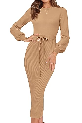 Image of HAEOF Womens 2026 Fall Midi Sweater Dress Winter Puff Long Sleeve Bodycon Ribbed Knit Trendy Business Casual Work Dresses