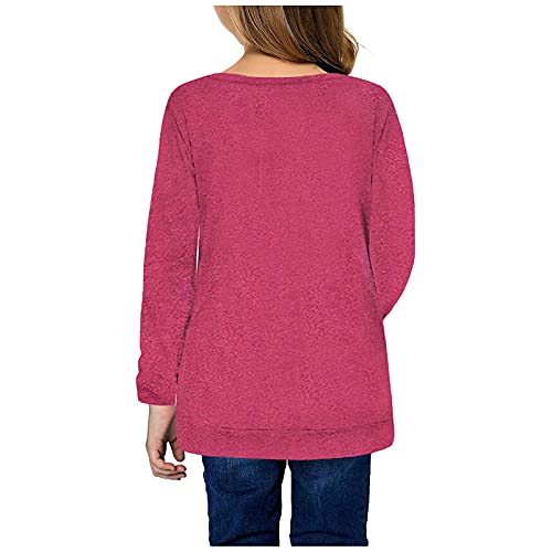 Girls Casual Tunic Tops Kids Twists Knot Front Button Long Sleeve Round Neck Loose Pullover Blouse T-Shirt Tee(Hot Pink,6-7 Years), Hot Pinkb2