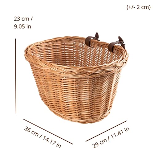 Creative Home Weide Fahrradkorb Universal | 36 x 29 x 23 cm (+/-2 cm) Leicht | Natürlich Braun Weide Fahrrad Korb | Weidenkorb mit Lederbänden | Montierbarer Fahrradkorb für Lenker | Fahrradzubehör