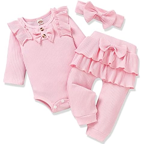 Aalizzwell Preemie Newborn Infant Baby Girls Clothes Ribbed Bodysuit Pants Set Fall Winter Outfits Pink Premature Cover