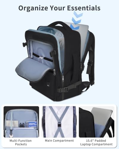 WANDF Personal Item Travel Bag 18x14x8, Carry On Laptop Backpack (Black) — view 4