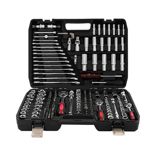 TENNIEX 216 Pieces Drive Socket Set with 24 Tooth Precision Ratchet, All-in-one Mechanic Tool Set Combination Wrenches Auto Repair Tool Kit with Black Storage Case (Red)
