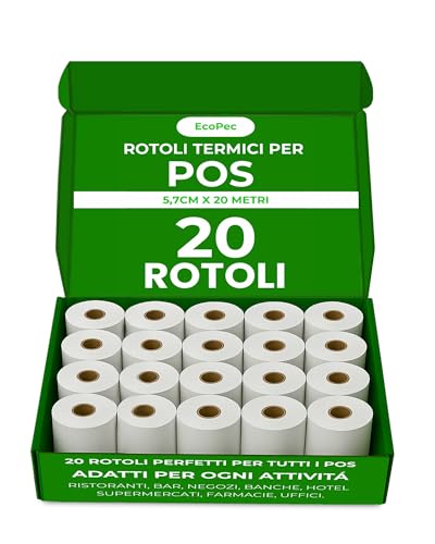 EcoPec 20 Rotoli POS 57x20 Metri in Carta Termica, Ideali Per ricevute POS. Compatibili Con SumUp, Nexi, MyPos e Altri Dispositivi Pos. Stampa Nitida e Duratura, Senza BPA.