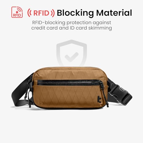 Image of tomtoc Sling Bag with RFID Blocking, X-Pac /Non X-Pac Minimalist Crossbody Chest Pack for Men and Women, Lightweight Water-Resistant Bag for Travel and Daily Commutes, X-pac Brown, 1.5L, Lightweight