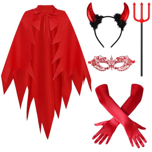 Wishstar Teufel Kostüm Damen,Halloween kostüme damen，Teufel Umhang mit Teufelshörner Haarreif Rot Handschuhe Spitzen...