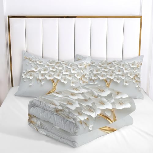 Parure de lit 200x200cm fleurs blanches et gris clair avec 2 taies 65x65 - 6