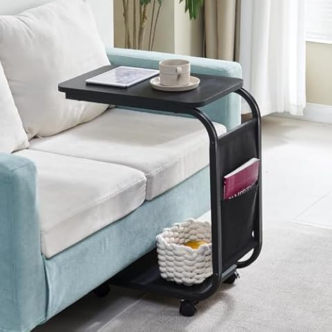C-Shape Side Table with Wheels and Storage Cover