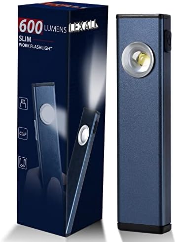 lexall Rechargeable Work Light, 600 Lumens Portable LED Flashlight, Magnetic COB Flat Task Light with Pocket Clip, 3 Modes, Pocket Pen Inspection Light for Repairing, Camping, Hiking, Emergency（1 Pc）