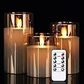 GenSwin LED Flameless Flickering Battery Operated Candles with 10-Key Remote Control, Real Wax Moving Wick Pillar Glass Candles for Festival Wedding Christmas Home Party Decor(Pack of 3, Gray)